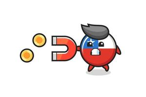 the character of chile flag badge hold a magnet to catch the gold coins vector