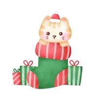 Christmas greeting card with cute cat in watercolor style. vector