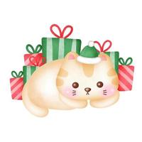 Christmas greeting card with cute cat and gift boxes in watercolor style. vector