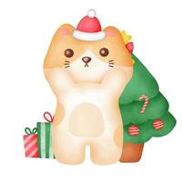 Christmas greeting card with cute cat in watercolor style. vector