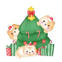 Christmas greeting card with cute cats and Christmas tree  in watercolor style. vector