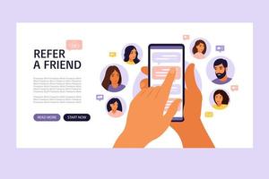 Refer a friend concept with cartoon hands holding a phone. vector