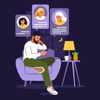 Man sitting with phone. Dating app, application or chat concept. vector