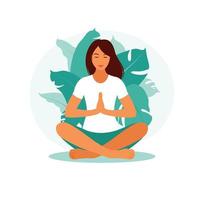 Woman meditating in nature. Meditation concept, relax, recreation. vector
