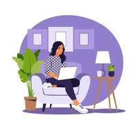 mujer sentada con laptop. Ilustración de concepto para trabajar, estudiar. vector
