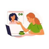 Girl friends chat online. Girl sitting laptop and speaks with friend. vector