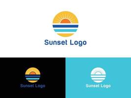 puesta de sol verano playa mar viajes vacaciones logo vector plantilla