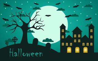 Halloween day greeting background with clouds, moon, trees and castle. vector