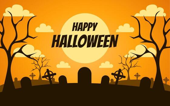 halloween day greeting background with clouds, moon and trees. vector