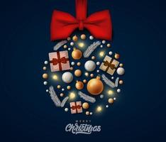 Merry Christmas banner with realistic balls and gifts vector