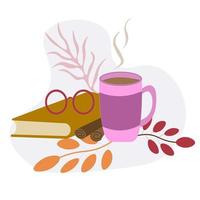 cute New Year's set of book, glasses, cup of delicious cocoa, cinnamon vector