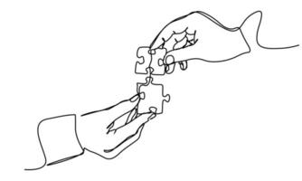 continuous line drawing of hands solving jigsaw puzzle vector