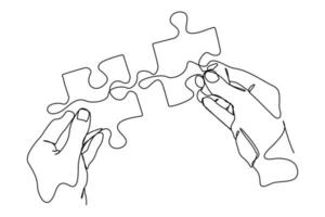 continuous line drawing of hands solving jigsaw puzzle vector