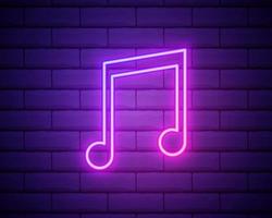 Neon music note on the brick wall, vector Eps 10 illustration
