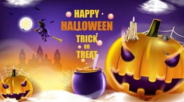 Happy Halloween background with night cloud, witch and pumpkin. vector