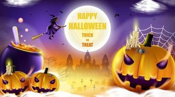 Happy Halloween background with night cloud, witch and pumpkin. vector