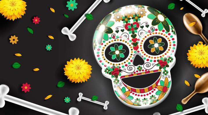 Dia de los Muertos background with bone and pumpkin.