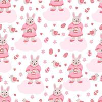 Seamless pattern with little girl rabbits and an Easter eggs vector