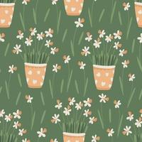 Spring floral seamless pattern with daffodil or narcissus flowers in pots. vector