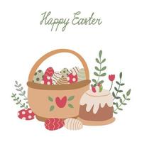 Easter greeting card with a cake and basket with eggs vector