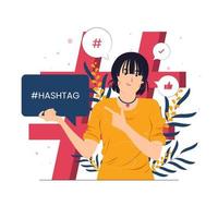 Chica con hashtag como ilustración del concepto de influencia en las redes sociales vector