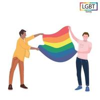 LGBT family two men holding a rainbow flag at the parade - Vector