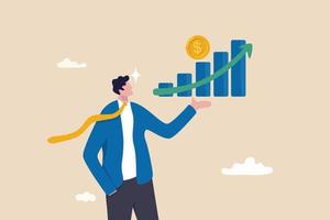 Investment profit growth, financial advisor or wealth management, make money to get rich or increase earning or income concept, confidence businessman investor holding big rising profit growth graph. vector