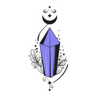 Magical violet-black crystal with moon and monograms. Flat vector illustration of witch gems and runes.