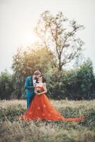 Bride and groom have romance time and happy together photo