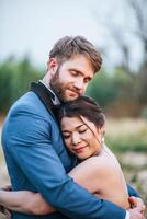 Bride and groom have romance time and happy together photo