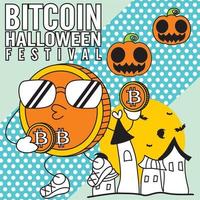 Ilustración de vector de edición especial de festival de halloween de dibujos animados de bitcoin - trazo de plantilla de fondo editable - evento empresarial