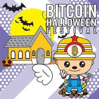 Ilustración de vector de edición especial de festival de halloween de dibujos animados de bitcoin - trazo de plantilla de fondo editable - evento empresarial