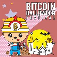 Ilustración de vector de edición especial de festival de halloween de dibujos animados de bitcoin - trazo de plantilla de fondo editable - evento empresarial