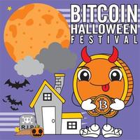 Ilustración de vector de edición especial de festival de halloween de dibujos animados de bitcoin - trazo de plantilla de fondo editable - evento empresarial