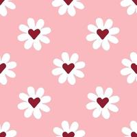 chamomile pattern with hearts on pink background.