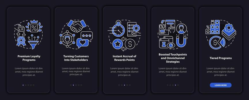 Loyalty program dark onboarding mobile app page screen vector