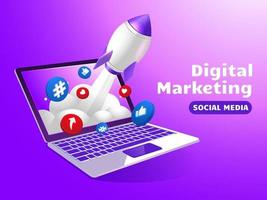 Rocket boosting digital marketing social media with laptop vector