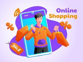 Man enjoying online shopping with mobile phone vector