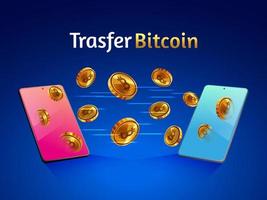 Transfer golden bitcoin cryptocurrency with smartphone vector