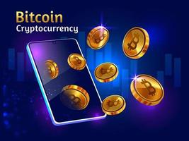 Criptomoneda bitcoin dorada con smartphone vector