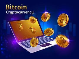 Golden bitcoin cryptocurrency with laptop vector