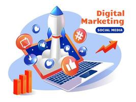 cohete impulsando las redes sociales de marketing digital con laptop vector