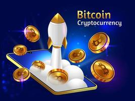 criptomoneda bitcoin dorada con cohete booster y smartphone vector