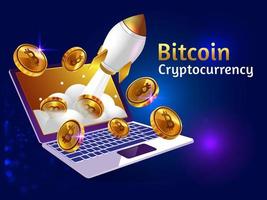 Golden bitcoin cryptocurrency with rocket booster and laptop vector