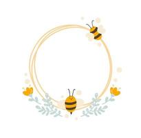 Cute kids Round frame with bee and bouquet of flowers wreath vector