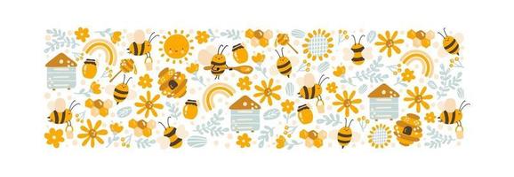 Kids colorful Honey vector poster hand drawn set of cartoon doodle bee