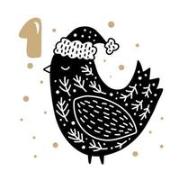 Advent calendar with cute scandinavian hand drawn vector. Twenty-four days before Christmas. First Day. Illustration of bird in winter hat vector