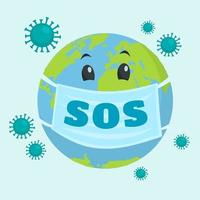 Earth in a medical mask asks SOS for help vector