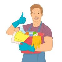 Young man holding a bucket full of cleaning products vector