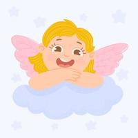 Angel is sitting on a cloud with starry sky background vector